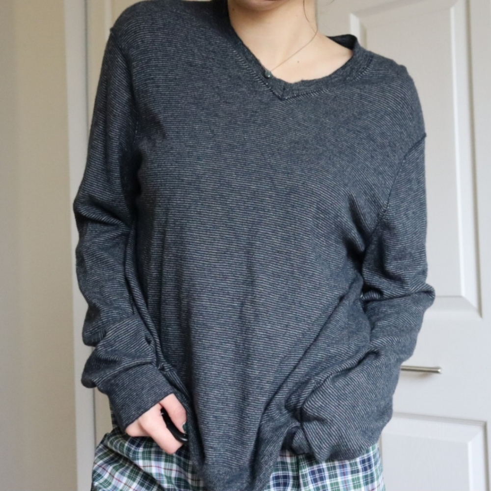 Grey Striped Cashmere V-Neck Sweater
